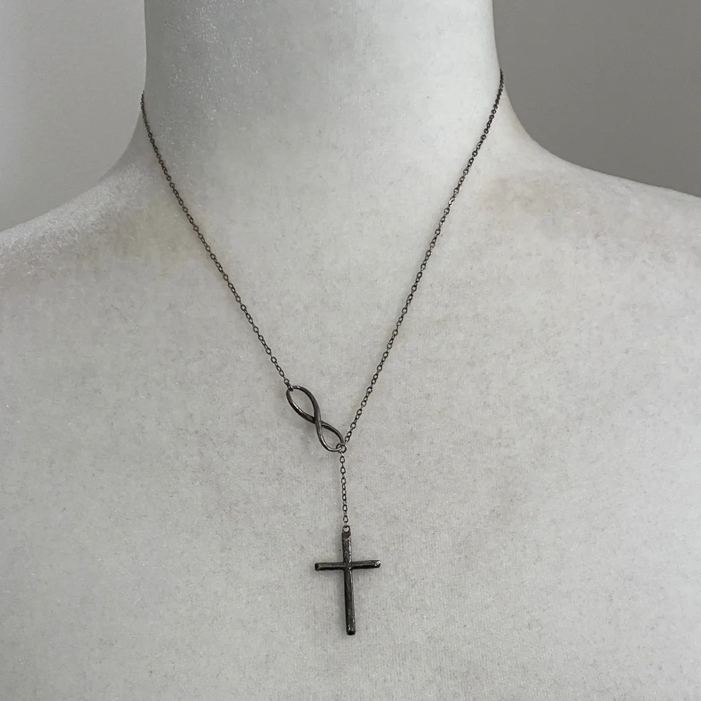 Antiqued Infinity Cross 925 Sterling Silver Lariat Y-Necklace Christian Faith